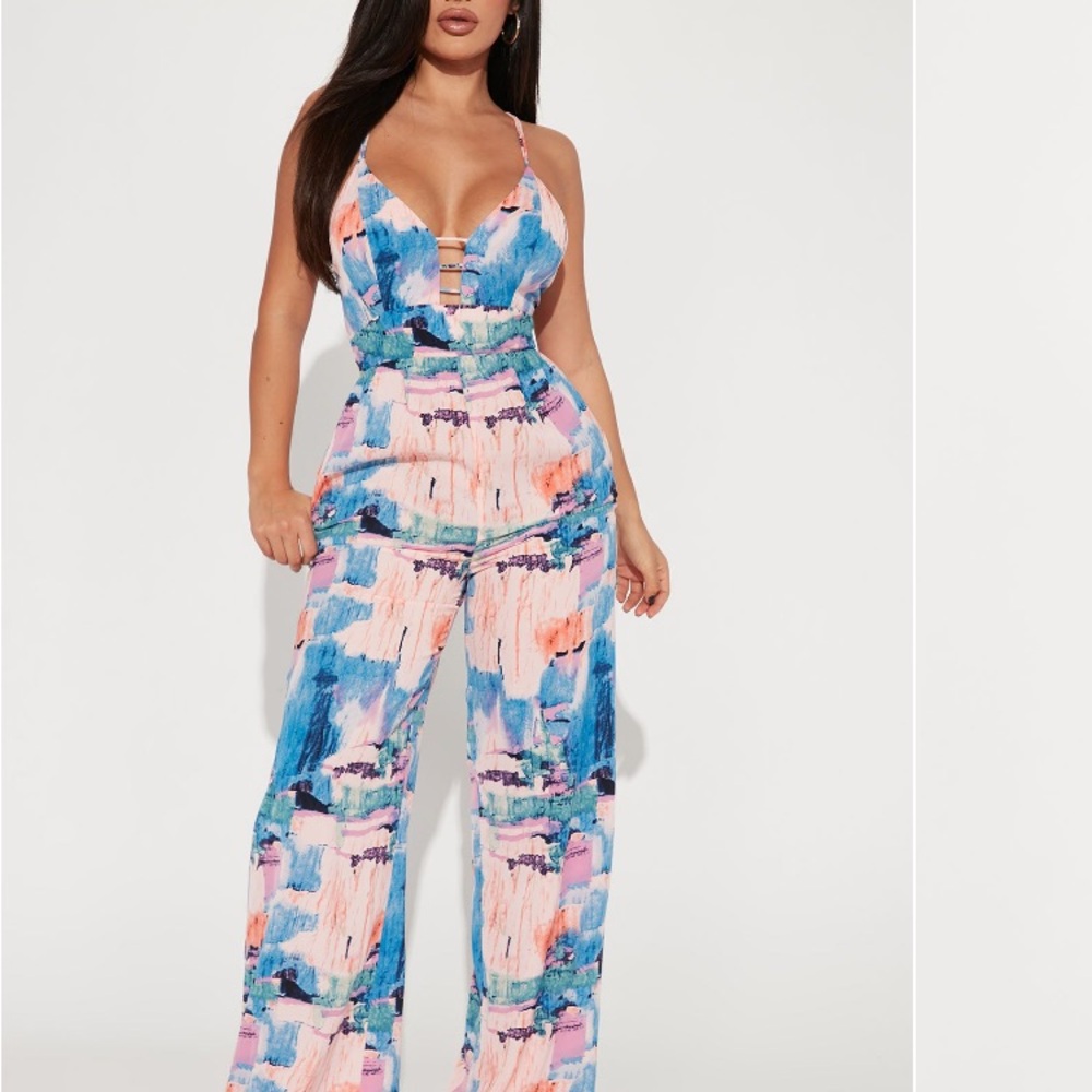 Fashion Nova Light Blue & Pink print wide leg Jumpsuit